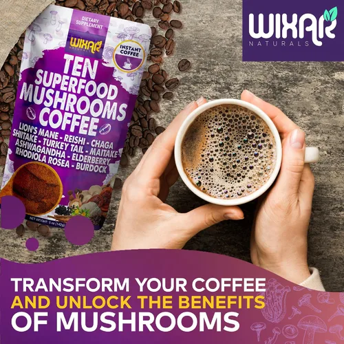 Miniatura 7 de WIXAR Superfood - Café de hongos, café instantáneo en polvo, diez extractos de superalimentos con melena de león, cola de pavo, Reishi, Chaga