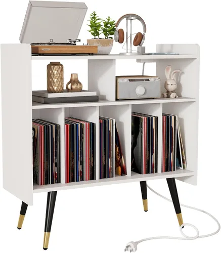 Soporte para tocadiscos blanco: mesa de discos de vinilo de 33 pulgadas con almacenamiento, gabinete estéreo con almacenamiento de álbumes, gabinete