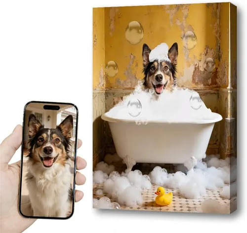 Miniatura 55 de Fotos personalizadas de mascotas en lienzo para pared Arte de baño personalizado Lindo perro gato en bañera Impresiones, divertidos animales Foto