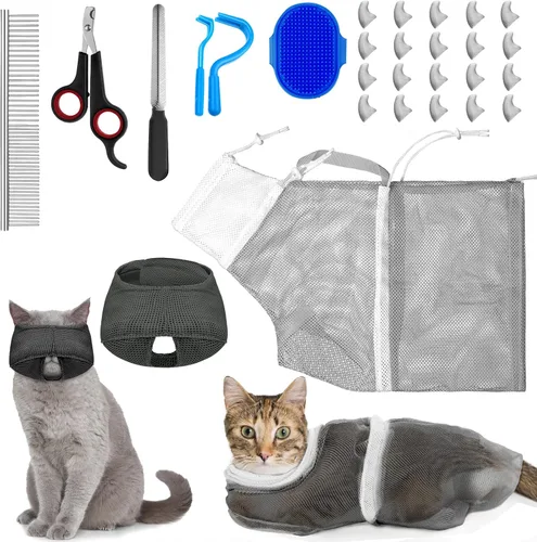 Miniatura 12 de Juego de 9 Piezas de Bolsa de Baño para Gatos, Bolsa de Ducha para Gatos Anti Mordeduras y Arañazos para Aseo de Mascotas, Cepillo de Lavado, Peine