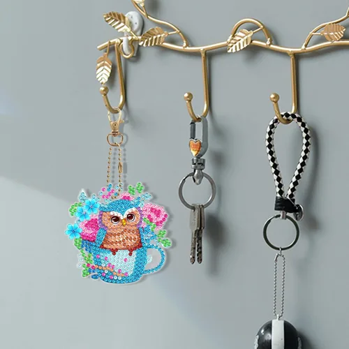 Miniatura 4 de LUSandy Juego de 6 llaveros de pintura de diamante con diseño de búho y flores azules 5D para adultos, diseño especial de búho de doble cara