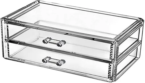 Organizador de maquillaje de acrílico transparente con 2 cajones, caja de almacenamiento de maquillaje de escritorio y organizador de cosméticos
