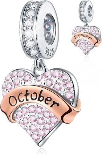 Dijes de piedra natal de enero a diciembre para pulsera de cumpleaños europea, colgante colgante colgante en forma de corazón de plata de ley 925