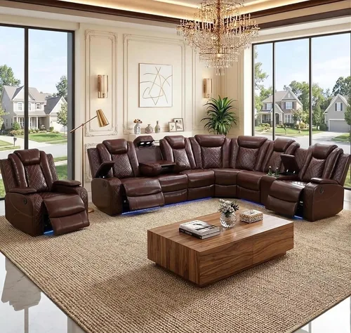Miniatura 19 de Juego de sofá modular reclinable eléctrico con LED, juegos de muebles de sala de estar, sofá reclinable de cuero para sala de estar/cine en casa