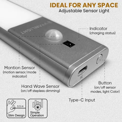Miniatura 2 de VYANLIGHT Luces de cocina para debajo del gabinete, tiras de luz LED inalámbricas con sensor de movimiento para despensa, armario, baño, iluminación