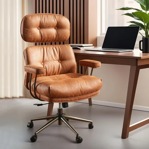 ovios Silla de oficina ergonómica, sillas ejecutivas de piel sintética con respaldo alto y cojín grueso, cómodo sillón giratorio moderno de mediados