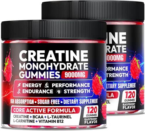 Miniatura 10 de AEQNJV Gomitas de creatina monohidrato complejo 9000 mg, pre-entrenamiento para hombres y mujeres, gomita de creatina con L-taurina, BCAA 2:1, B12/6