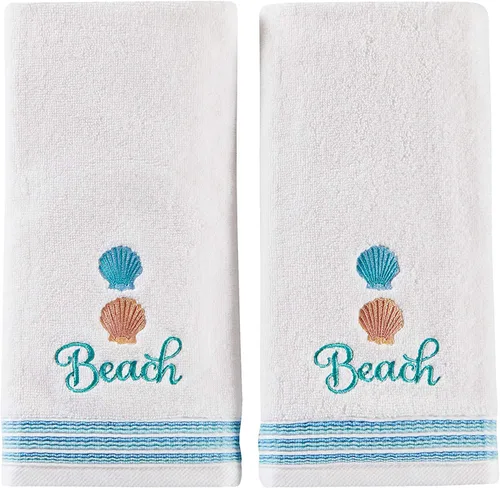 Miniatura 13 de SKL Home Ocean Coral - Juego de 2 toallas de mano esculpidas de 100% algodón premium, 450 GSM, jacquard reversible, suave y absorbente, tropical