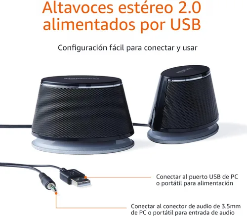 Miniatura 2 de Amazon Basics - Altavoces estéreo 2.0 para PC o laptop, entrada auxiliar de 3.5mm, alimentados por USB, 1 par, negro