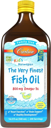 Carlson - El Mejor de Todos los Aceites de Pescado para Niños, 800 mg Omega-3s, Suplemento de Aceite de Pescado Líquido, Aceite de Pescado Noruego,