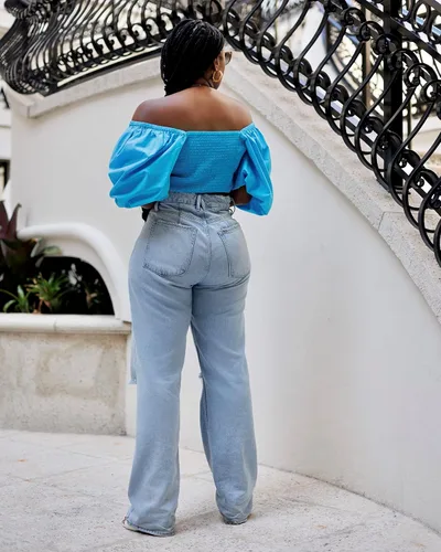 Miniatura 4 de The Drop tenickab - Top de manga abombada para mujer color azul cian