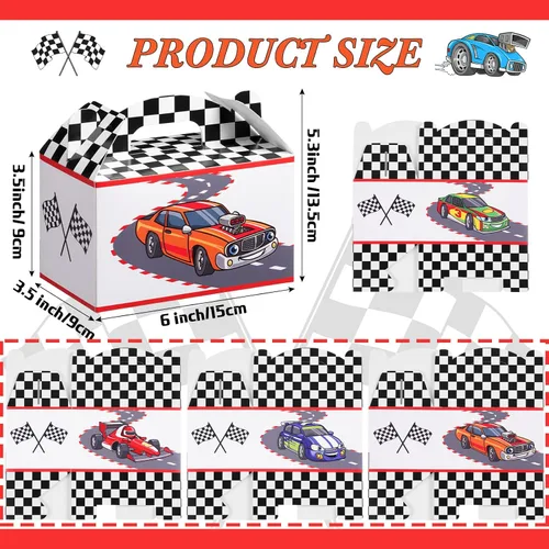 Miniatura 3 de 24 cajas de regalo de fiesta de autos de carreras con asa de bandera de carreras, cajas de golosinas para regalos de caramelos, ruedas a cuadros