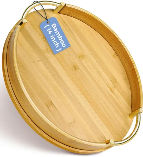 Miniatura 9 de JUPELI Bandeja redonda de bambú de 11.8 pulgadas con asas – Bandeja decorativa, bandeja de desayuno, bandeja de mesa de café, bandeja otomana, plato