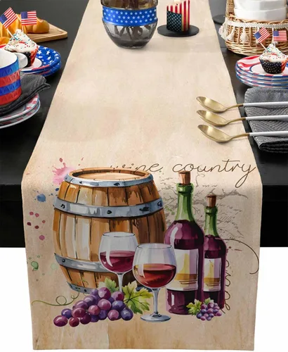 Miniatura 10 de Camino de mesa de otoño, caminos de mesa de vino y uva, cosecha, Acción de Gracias, vintage, barril de vino, de algodón, lino, bufanda, cocina, mesa