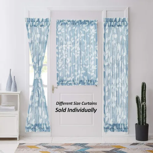 Miniatura 4 de Treatmentex Paneles de puerta francesa con luz lateral azul y blanca de 40 pulgadas de largo, estampado de hojas largas, cortinas de ventana