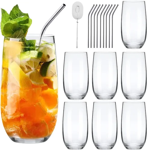 Highball - Juego de 8 vasos altos para beber, vasos de agua transparente con popotes, cristalería de 16 onzas para cocina, bar, mojito, cóctel,