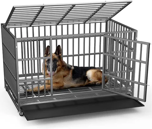Miniatura 12 de LEMBERI - Jaula para perro indestructible y resistente de 48/38 pulgadas, a prueba de escapes con ruedas bloqueables, doble puerta para evitar
