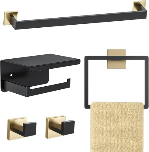 Juego de Accesorios de Ferretería de Baño Negro y Dorado de 5 Piezas Juego de Barra de Toallas de Acero Inoxidable Juego de Soporte de Toallas Barra