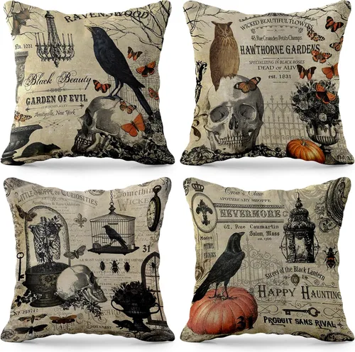 Miniatura 9 de KatchOn, Fundas de almohada vintage de Halloween de 18 x 18 pulgadas, paquete de 4 fundas de almohada de calavera Fundas de cojín de calabaza