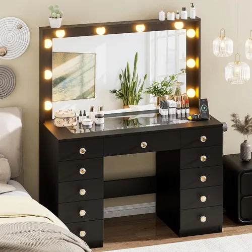 Miniatura 3 de DINGIPP Tocador de 42.1 pulgadas con espejo grande y 10 luces LED, escritorio de tocador con tope de cristal, 11 cajones con asas de cristal