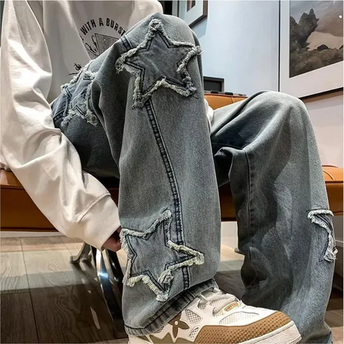 Miniatura 5 de Pantalones vaqueros Y2k para hombre, estilo hip hop, holgados, con estrellas, pantalones de mezclilla de pierna recta, pantalones deportivos