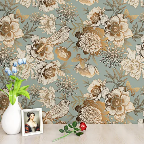 Miniatura 7 de ReWallpaper Papel tapiz autoadhesivo de 17.5 pulgadas x 23 pies, color dorado antiguo, flores y pájaros verde azulado, autoadhesivo, extraíble