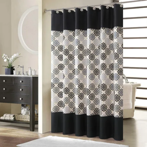 Miniatura 26 de Cortina de ducha larga de tela, cortinas de ducha de damasco bohemio con estampado de paisley en vino burdeos y oro amarillo, cortinas impermeables