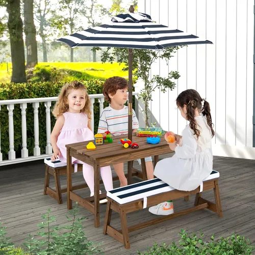 Miniatura 2 de Costzon Mesa de Picnic para Niños, Juego de Mesa y Silla de Madera para Niños Pequeños con Cojines, Sombrilla de Altura Ajustable, Mesa
