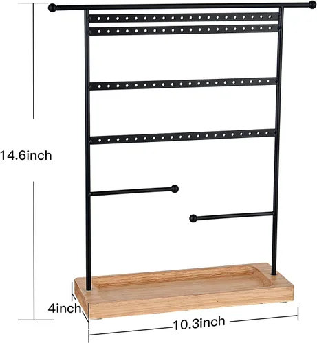 Miniatura 6 de Bielebbi Organizador de aretes, soporte para pendientes y soporte para joyas con soporte para collar de 4 niveles, bandeja de madera adecuada