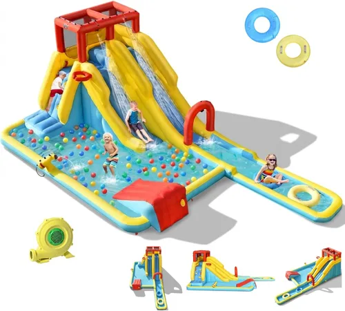 Miniatura 10 de BOUNTECH Tobogán acuático inflable, toboganes de surf duales para niños, parque de toboganes de agua, castillo inflable con 2 anillos de natación