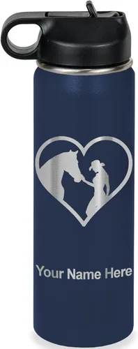 Miniatura 49 de LaserGram Botella de agua personalizada, corazón de vaquera de caballo, acero inoxidable de doble pared aislada al vacío con popote superior, regalo
