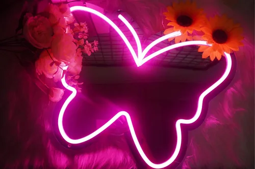 Miniatura 2 de Espejo de mariposa de anime con luces de letreros de neón para vestuario, sala de estar, dormitorio de niña, bonito espejo acrílico con atenuación