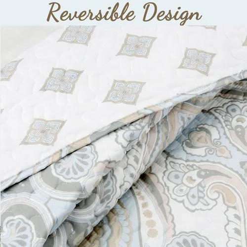 Miniatura 3 de Cozy Line Home Fashions Juego de ropa de cama reversible de majestad floral, gris topo, cubrecama ligero para todas las estaciones