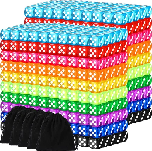 Syhood 500 dados de colores a granel con 5 bolsas de cordón de 0.551 in, 6 caras estándar para enseñanza de matemáticas en el aula, juego de mesa,