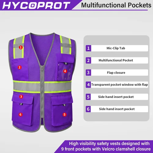 Miniatura 3 de HYCOPROT Chaleco de seguridad de alta visibilidad, chaleco de seguridad reflectante de alta visibilidad con bolsillos, cumple con las normas Púrpura