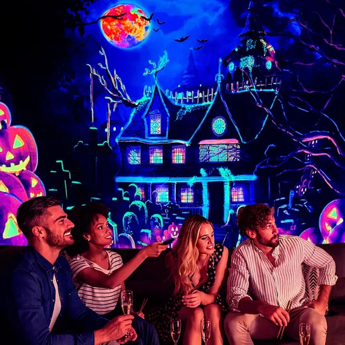 Miniatura 6 de OSVINO Blacklight - Tapiz de castillo de Halloween, 59 x 51 pulgadas, calabazas, murciélagos, cruces, telón de fondo, dormitorio, estético, hippie