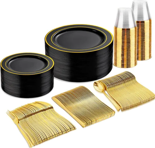 bUCLA 150 Piezas Juego de Vajilla Desechable Negra y Dorada - 25 Invitados Plástico Negro Dorado Incluye 25 Platos de Cena y 25 Platos de Postre, 25