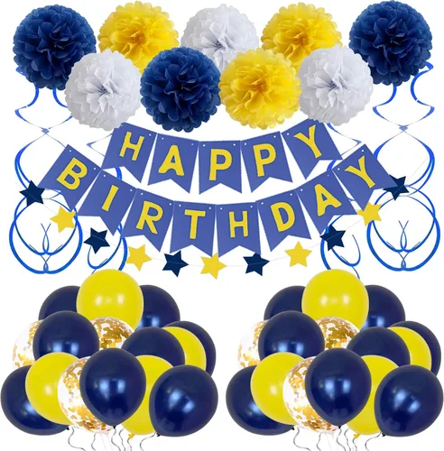 Xourspaty Decoraciones de cumpleaños, suministros de fiesta de cumpleaños, banderines para hombres y mujeres, azul marino, amarillo, confeti, globos