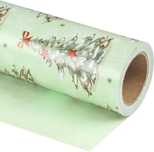 Miniatura 21 de WRAPAHOLIC - Papel de regalo de Navidad reversible, minirollo, 17 pulgadas x 33 pies, diseño de árbol de Navidad con letras “joy”, perfecto