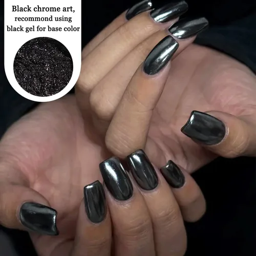 Miniatura 5 de Polvo de uñas cromado negro, 2 piezas de efecto espejo metálico negro para uñas, polvo extrafino con purpurina oscura, polvo para frotar, polvo