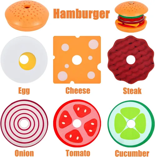 Miniatura 2 de Juguetes de hamburguesas de madera para apilar para niños, alimentos de juego Montessori para niños pequeños, juguetes educativos para niños de más