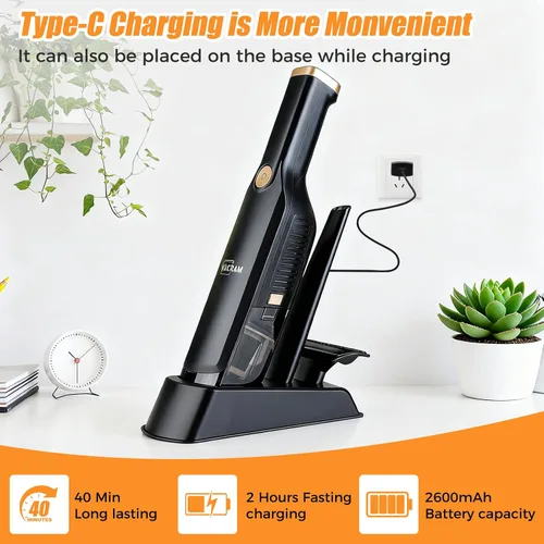Miniatura 3 de Aspiradora de mano inalámbrica, succión de alta potencia de 15KPA, carga rápida USB, aspiradora de automóvil con base de almacenamiento, quitapolvo
