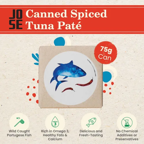 Miniatura 3 de Paté de atún especiado enlatado de Jose Gourmet, Atún portugués capturado en la naturaleza, Paté de pescado enlatado, Mariscos sostenibles con alto