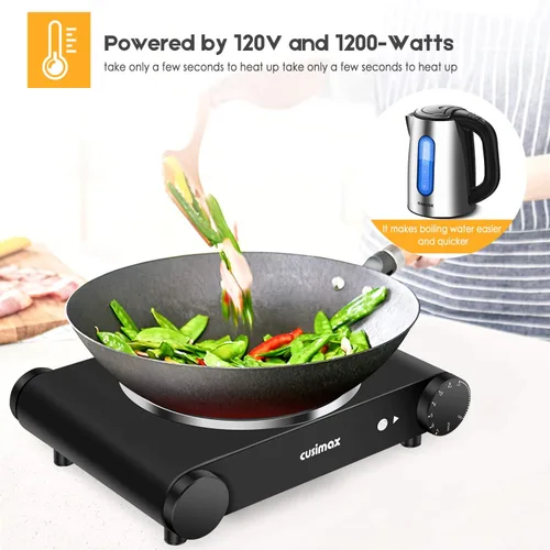 Miniatura 6 de CUSIMAX estufa eléctrica portátil, 1200 W, infrarroja, una hornilla, se calienta en segundos, 7 pulgadas de vidrio cerámico, para dormitorio