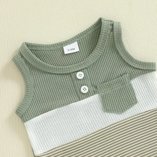 Miniatura 38 de Ropa de bebé niño sin mangas + pantalones cortos con estampado a rayas con bolsillos, 2 piezas de trajes de verano