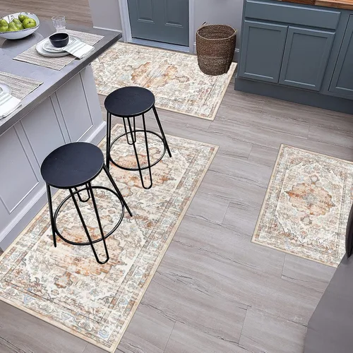 Miniatura 6 de Ileading Juego de 3 alfombras de cocina bohemias con corredor, alfombra de cocina, alfombras y tapetes antideslizantes lavables para cocina, suelo