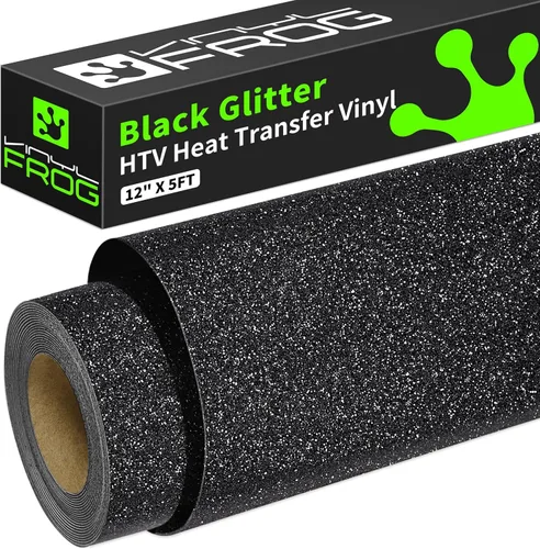 VINYL FROG Rollo de vinilo de transferencia de calor con purpurina de 12 pulgadas x 5 pies, vinilo negro para planchar con purpurina para camisetas,