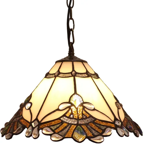 Bieye L11058 Baroque Tiffany Style Stained Glass Ceiling Pendant Light Fixture for Home Decor (White, 13-inches Wide)