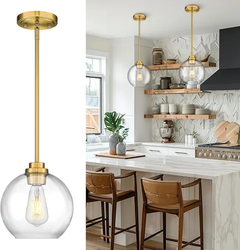 Miniatura 25 de Luces Colgantes de Latón para Isla de Cocina Paquete de 2, Luz Colgante Dorada Estilo Granja con Pantalla de Globo de Vidrio Transparente