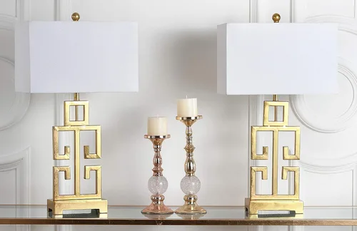 Miniatura 2 de SAFAVIEH Lighting Collection - Juego de 2 lámparas de mesa con llave griega, base de metal dorado antiguo con pantalla de tela blanca, bombillas LED